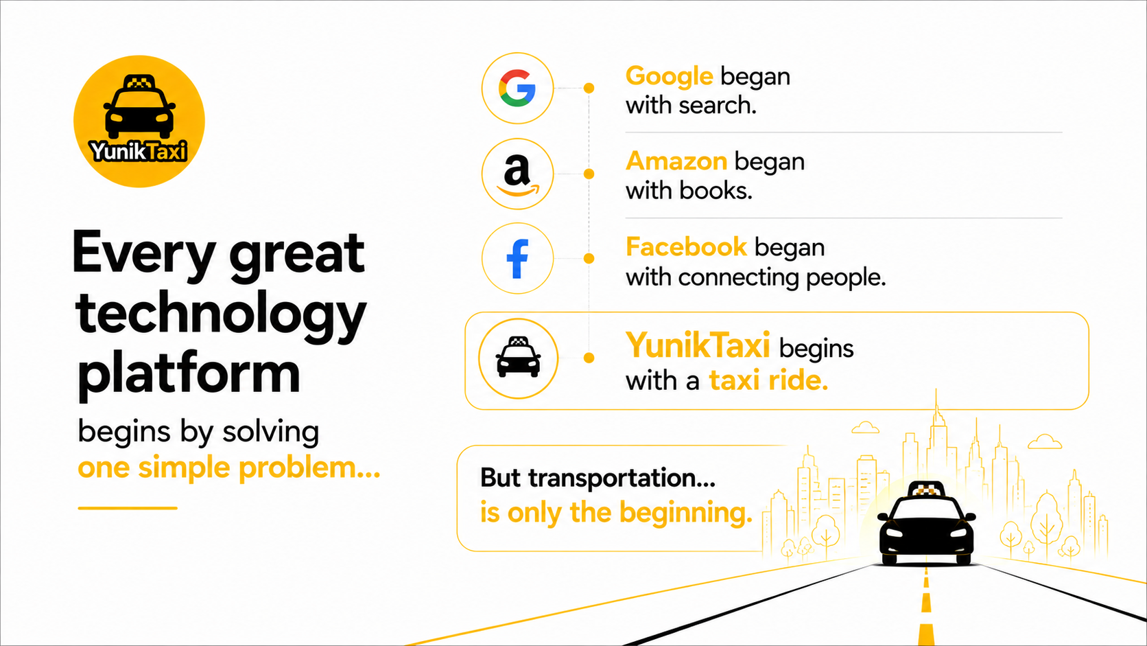 YunikTaxi slide comparing great technology platforms and saying YunikTaxi begins with a taxi ride.